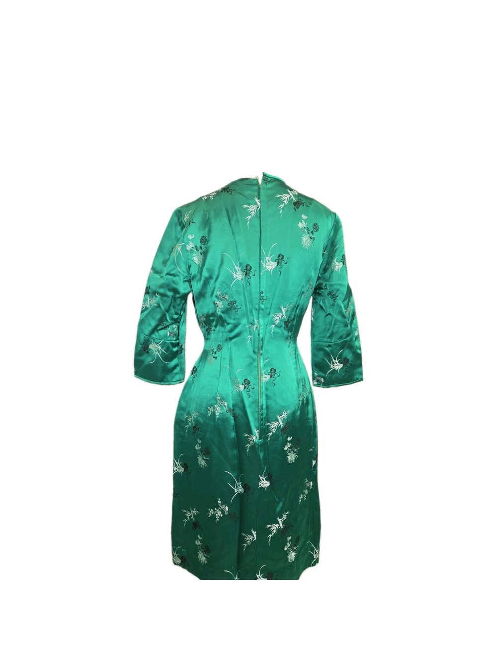 vintage silk blend dress Emerald Green Embroidered Floral Asian Inspired 90s - Picture 3 of 11